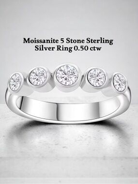 Brilliant Row of Moissanite 5 Stones Bezel Setting Sterling Silver Ring 0.50ctw